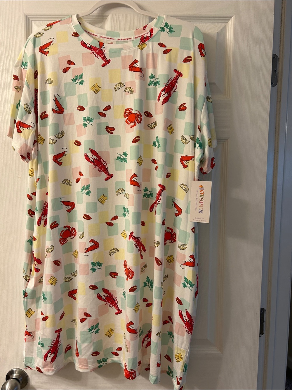 Women’s Short Sleeve Sleep Shirt - White with Red Lobster Print
